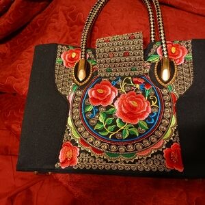 Floral Embroidered Black Tote Bag